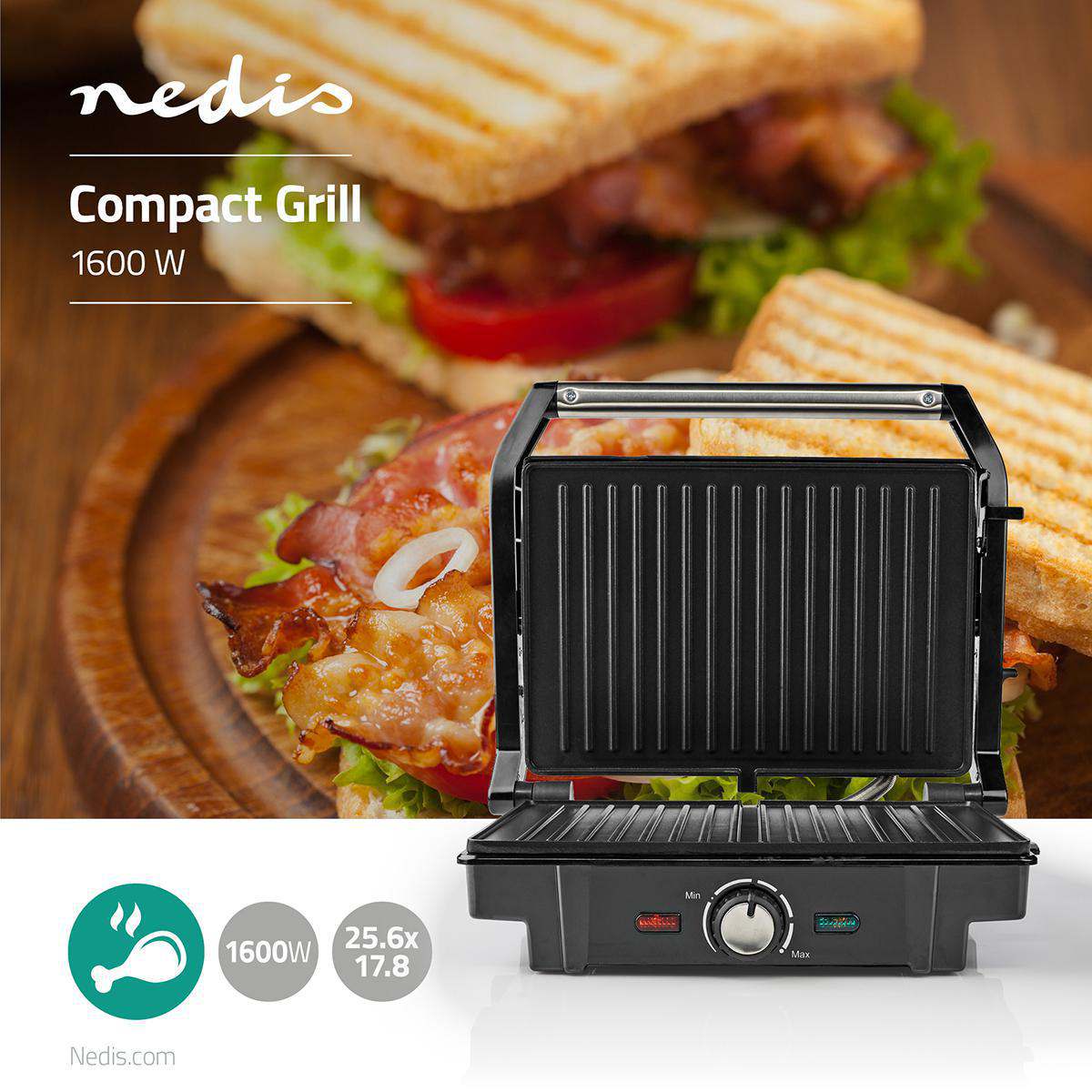 Nedis Compact Grill - 1600 W - Aluminium - Image 6
