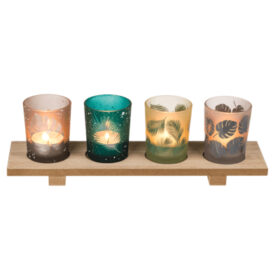 Out of the Blue Wooden Plate with 4 Tealights Tropical Leave